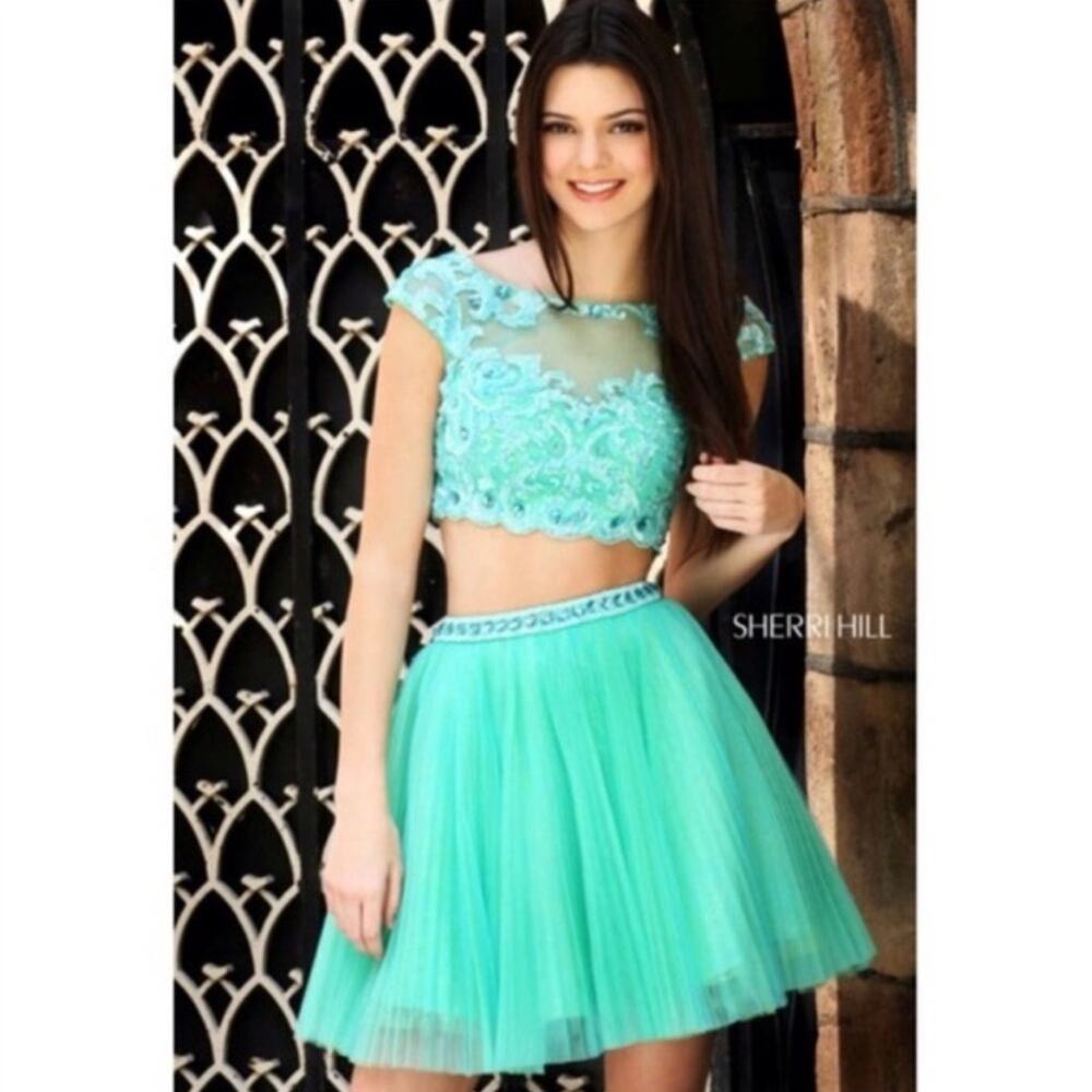 Sherri‎ Hill SKIRT ONLY Mint Green/Teal Tulle Formal Mini W/Gemstones Size XS/S